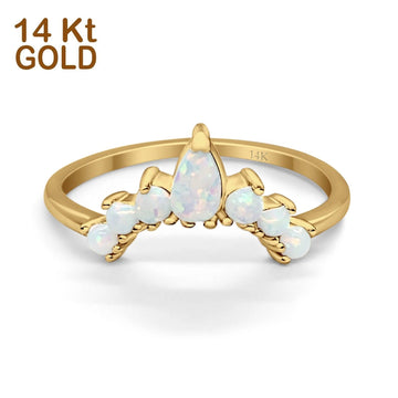 14K Yellow Gold Pear Curved Band Thumb Ring Half Eternity Simulated CZ Lab Created White Opal Wedding Engagement Size-7